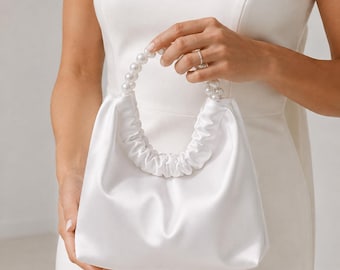 White Satin Bridal Bag with Beaded Handles, Soft Wedding Purse for Bride