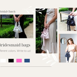 Puede incluir: Un collage que presenta bolsos de dama de honor en blanco, negro, rosa y azul marino. Se muestra el texto "Bridal Clutch" y "Bridesmaid bags". Los bolsos se muestran en diferentes entornos.