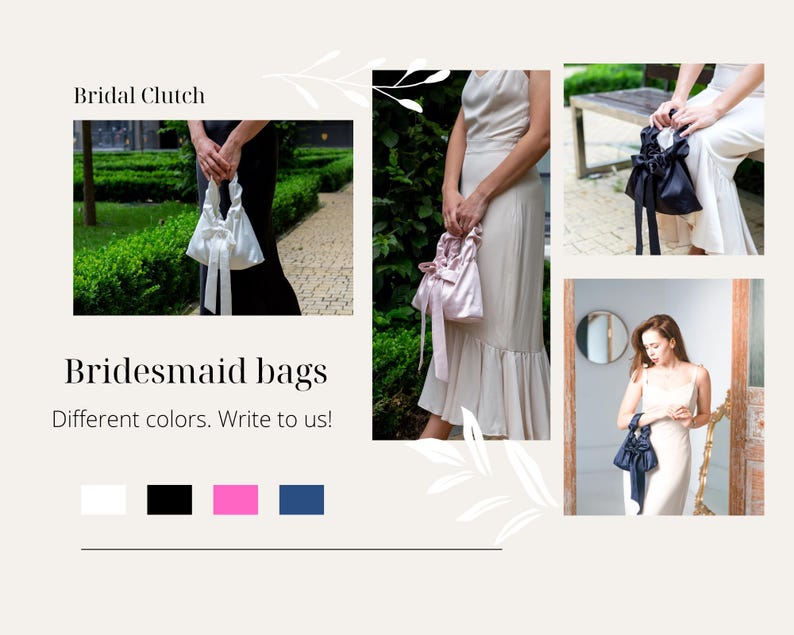 Puede incluir: Un collage que presenta bolsos de dama de honor en blanco, negro, rosa y azul marino. Se muestra el texto "Bridal Clutch" y "Bridesmaid bags". Los bolsos se muestran en diferentes entornos.