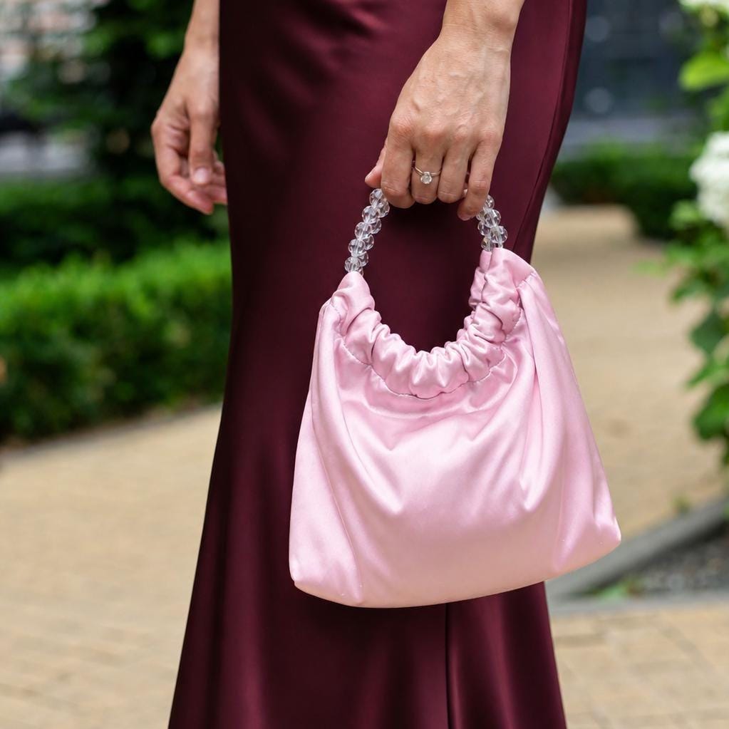 Pale Pink Beaded Handle Evening Bag - Elegant Handmade Clutch, Wedding guest, Prom & Special Occasions Purse
