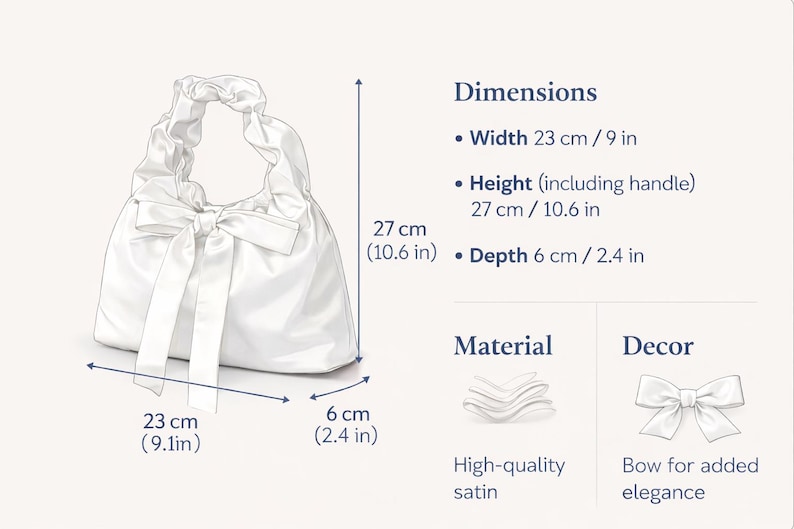 Puede incluir: Bolso de mano de sat&eacute;n blanco con detalle de lazo. El bolso mide 23 cm de ancho, 27 cm de alto (incluida la asa) y 6 cm de profundidad. El bolso tiene un lazo para mayor elegancia.