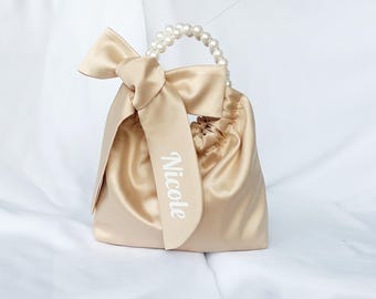 Available in Multiple Colors - Personalized Satin Evening Clutch for Bridesmaids, Perfect Gift,Bead Bag,Silk bow Handbag,Wedding guest purse