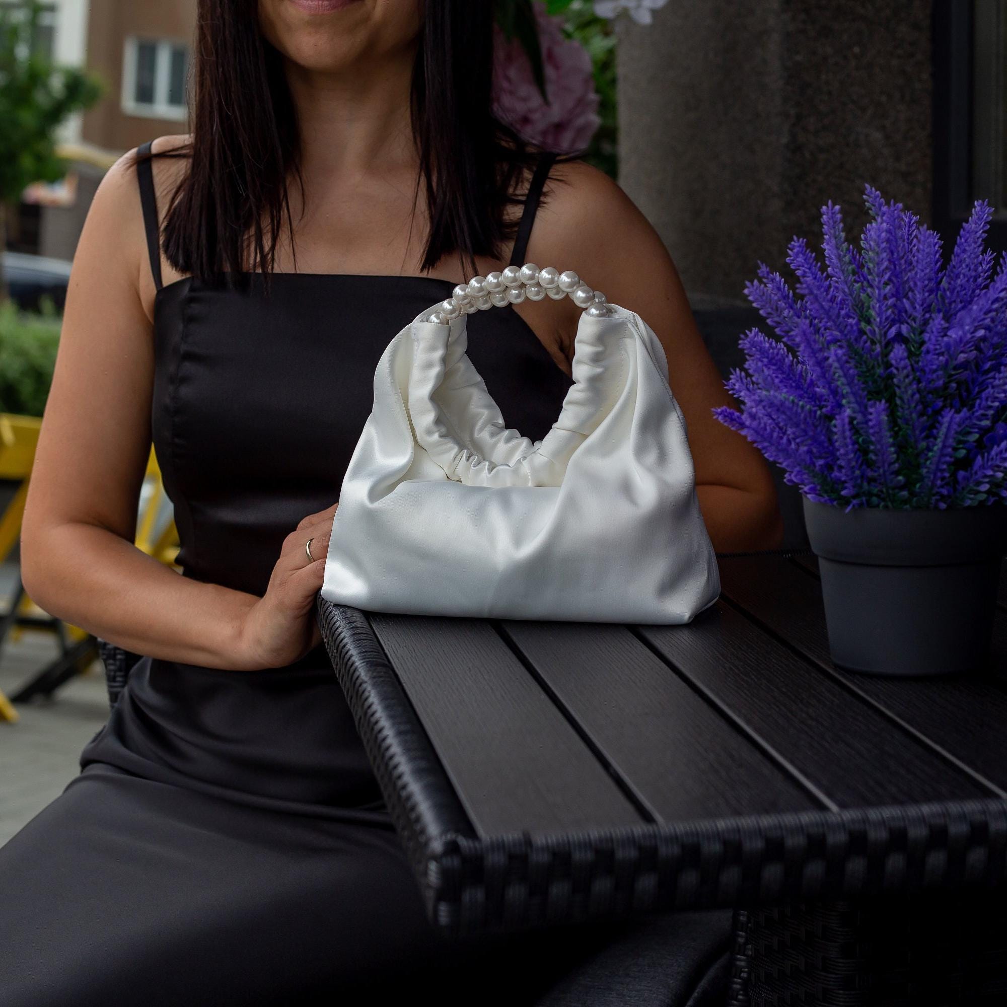 Ivory Satin Clutch: Elegant Handmade Evening Bag with Pearl Handles