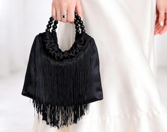 Handmade Black Satin Fringe Clutch: Beaded Handle Evening Bag, Party Purse, Wedding guest Handbag