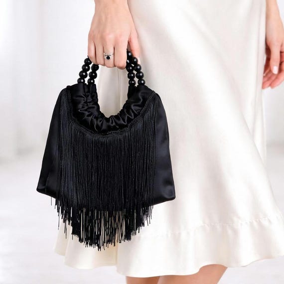 black dress purse Handmade Satin Fringe Clutch: Beaded Handle Evening Bag, Party Purse, Wedding Guest Handbag beautiful wedding gowns Ankle Length Coats - Size:38 (FR) Plated Alloy Ring Handle