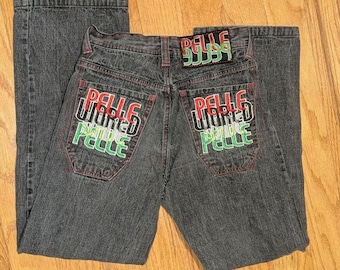 Y2K Hip Hop Embroidered Baggy Jeans Red Stitch Pelle Pelle Size 16 25 x 27.5