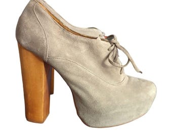 Steve Madden Platform Chunky Block Heels Y2K Retro Neutral Suede Lace Up Oxford