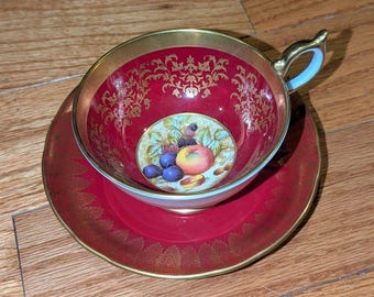 Vintage AYNSLEY English Bone China Cup & Saucer Burgundy Red Orchard Fruit
