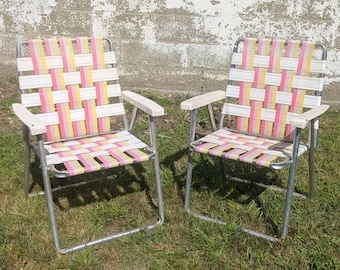 Vintage 70s Webbed Lawn Chairs Pair Retro Pink Yellow Aluminum Folding Patio