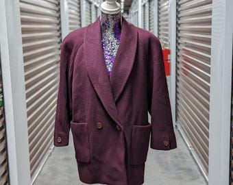 Vintage Jones New York Petite Burgundy Red Double Breasted 100% Wool Peacoat