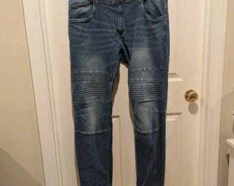 Y2K Biker Moto Jeans SPARK Embossed Knee Stretch Denim Size 40/34 Strretwear