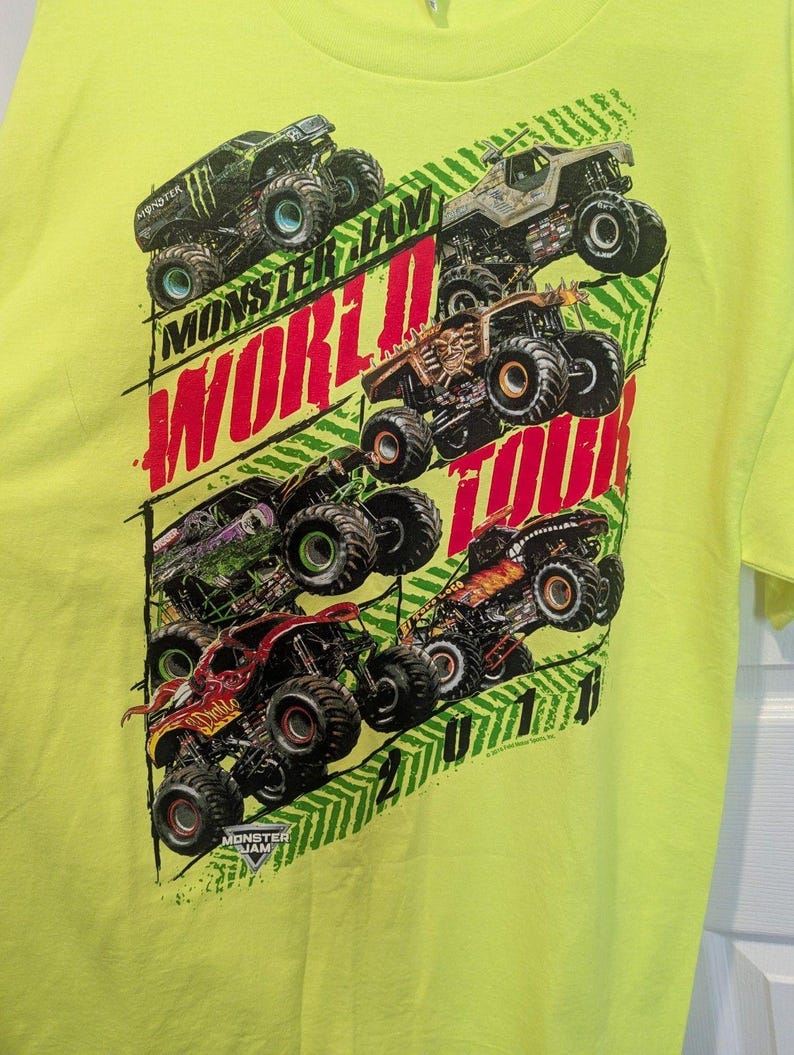 MONSTER JAM World Finals Neon Yellow Graphic Trucks T-Shirt Las Vegas 2016 Large zdjęcie 4