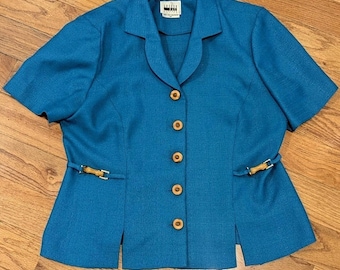 Vintage Teal Career Blazer Leslie Fay Petite 14P Bamboo Toggle Cottagecore