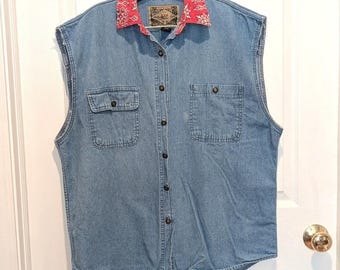 90s Western Denim Bandana Collar Sleeveless Shirt Express Jeans M Festival