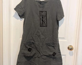 Artisan Lagenlook 100% Linen Tunic Dress S Charcoal Gray Abstract Art Pockets