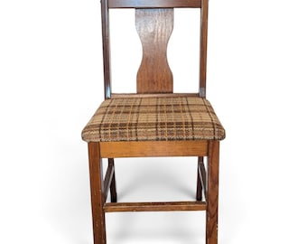 Vintage 70s Plaid Upholstered Wood Dining Chair Mid Century Cottage Cabin