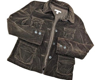 Y2K Boho Indie Velvet Utility Jacket Ann Taylor LOFT Olive Large