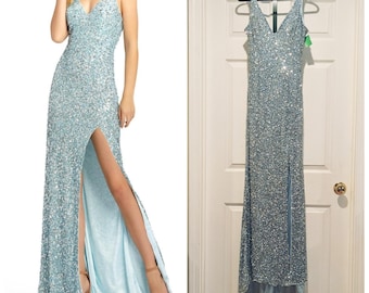 Y2K Glam Mac Duggal 1068 Powder Blue Sequin Prom Gown High Slit Size 6