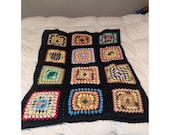 Boho Granny Square Crochet Throw Blanket Retro Hippie Cottagecore Decor