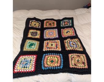 Boho Granny Square Crochet Throw Blanket Retro Hippie Cottagecore Decor
