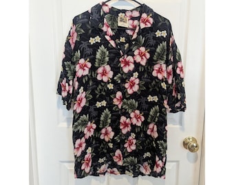 Camisa hawaiana vintage XL de rayón con estampado floral de hibisco, estilo resort, color negro, fabricada en EE. UU.