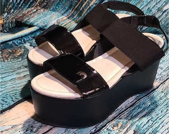 Y2K Minimalist Italian Platform Sandals Black Chunky Wedge Grunge Goth Y2K EU 37