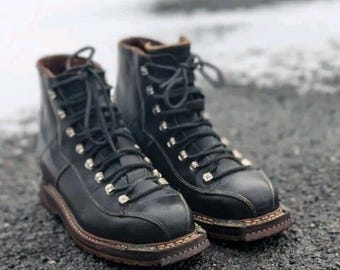 Vintage Swiss Size 9.5 RAICHLE Black Leather Telemark Ski  display picture 1