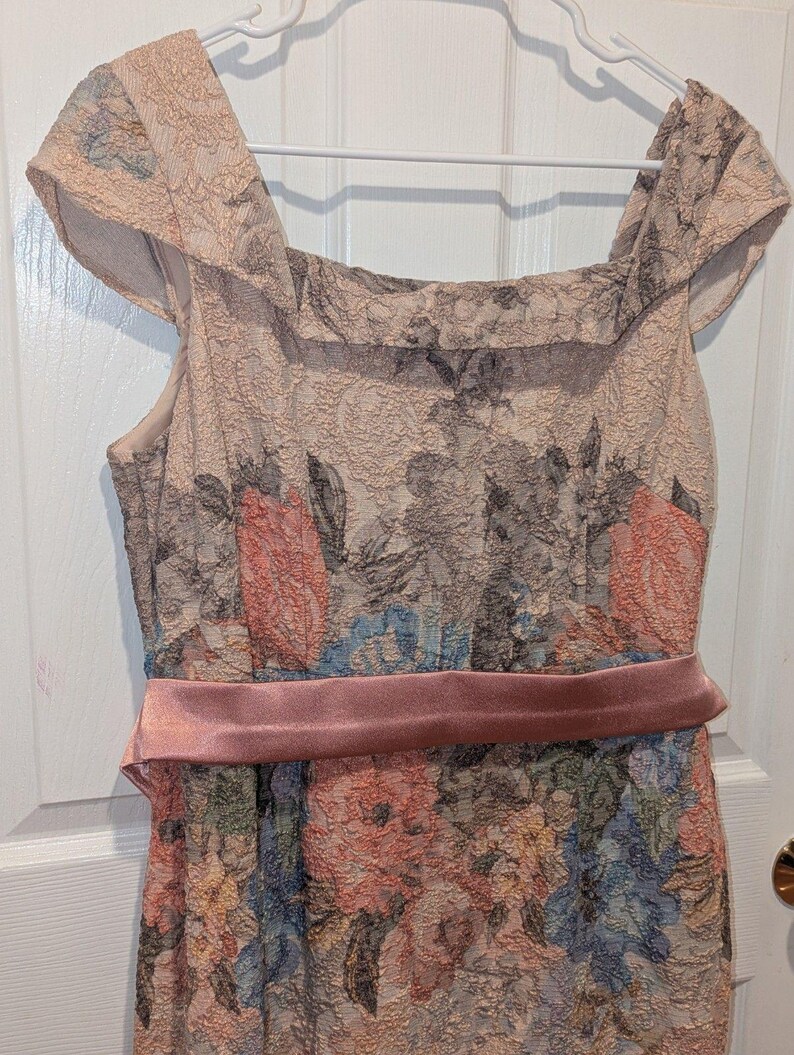 Adrianna Papell Floral Satin Belt Vintage Inspired Midi Formal Dress Gown Sz 14 immagine 4