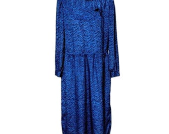 Vintage Carriage Court Blue Black Midi Dress Modest Cottagecore Retro Chic Sz 16