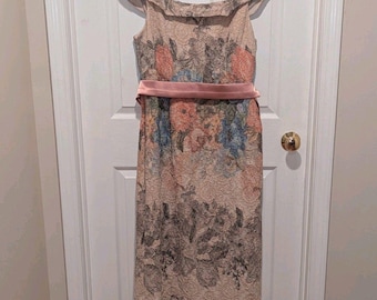Adrianna Papell Floral Satin Belt Vintage Inspired Midi Formal Dress Gown Sz 14
