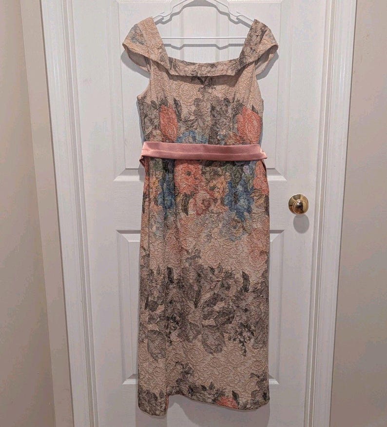 Adrianna Papell Floral Satin Belt Vintage Inspired Midi Formal Dress Gown Sz 14 immagine 1