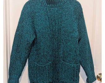80s Utility Chunky Knit Sweater Teal Marled Mock Neck VTG Reference Point Small