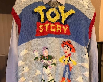 Handmade Toy Story Knit Sweater Vest - Buzz & Woody Cartoon Vintage Design