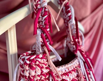 Handmade Knitted Cotton Shoulder Bag: Fifty Shades of Pink