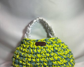 Handmade Crochet Handbag: Yellow & Green Knit Shoulder Bag with Ribbon Handle