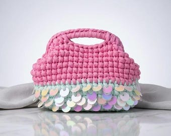 Pink Mini Crochet Sequin Bag, Handmade Y2K Purse
