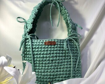 Handmade Crochet Bag: Mint Green T-Shirt Yarn, Boho Chic