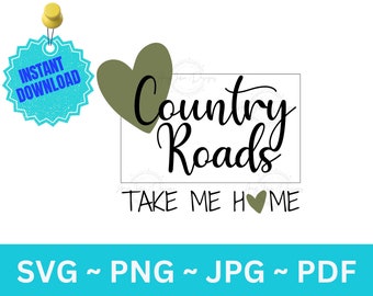 Op de afbeelding: Groene hartgrafiek met de tekst "Country Roads Take Me Home" in zwart cursief schrift.