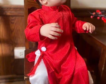 Silk ao dai and headband- Baby, infant, newborn ao dai for boys- baby first ao dai