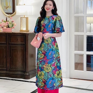 Floral taffeta modern ao dai  for women - Ao dai cach tan