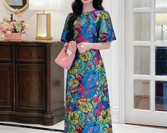 Floral taffeta modern ao dai  for women - Ao dai cach tan