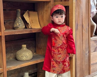 Jacquard silk ao dai and headband- Baby, infant, newborn ao dai for boys- baby first ao dai