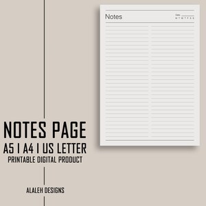 May include: A printable digital notes page with the text "Notes" at the top. The page is lined and includes a date section. The text "NOTES PAGE A5 I A4 I US LETTER PRINTABLE DIGITAL PRODUCT" is also visible.