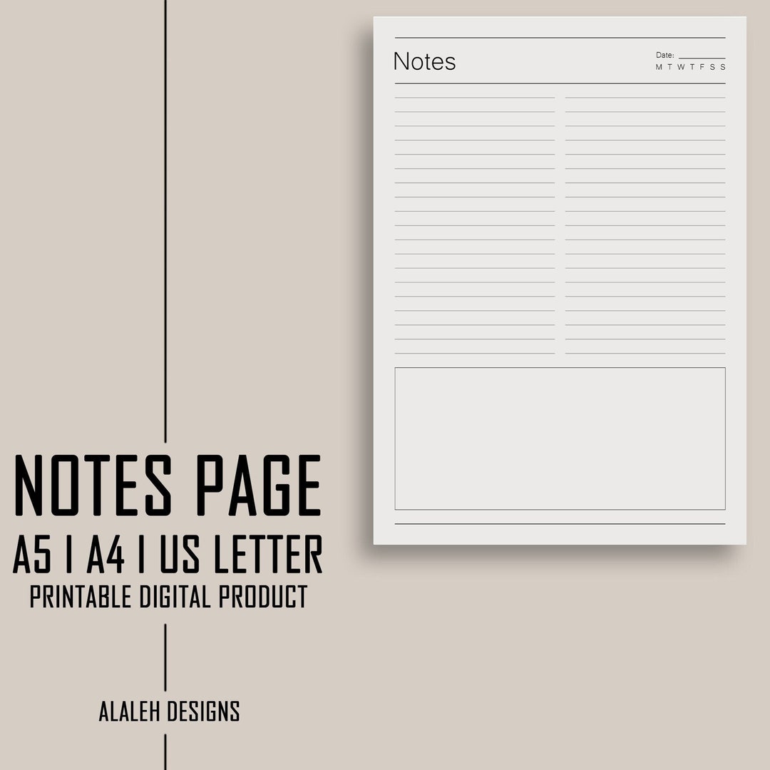Printable Note Page, Two Columns With Bottom Note Box - Etsy