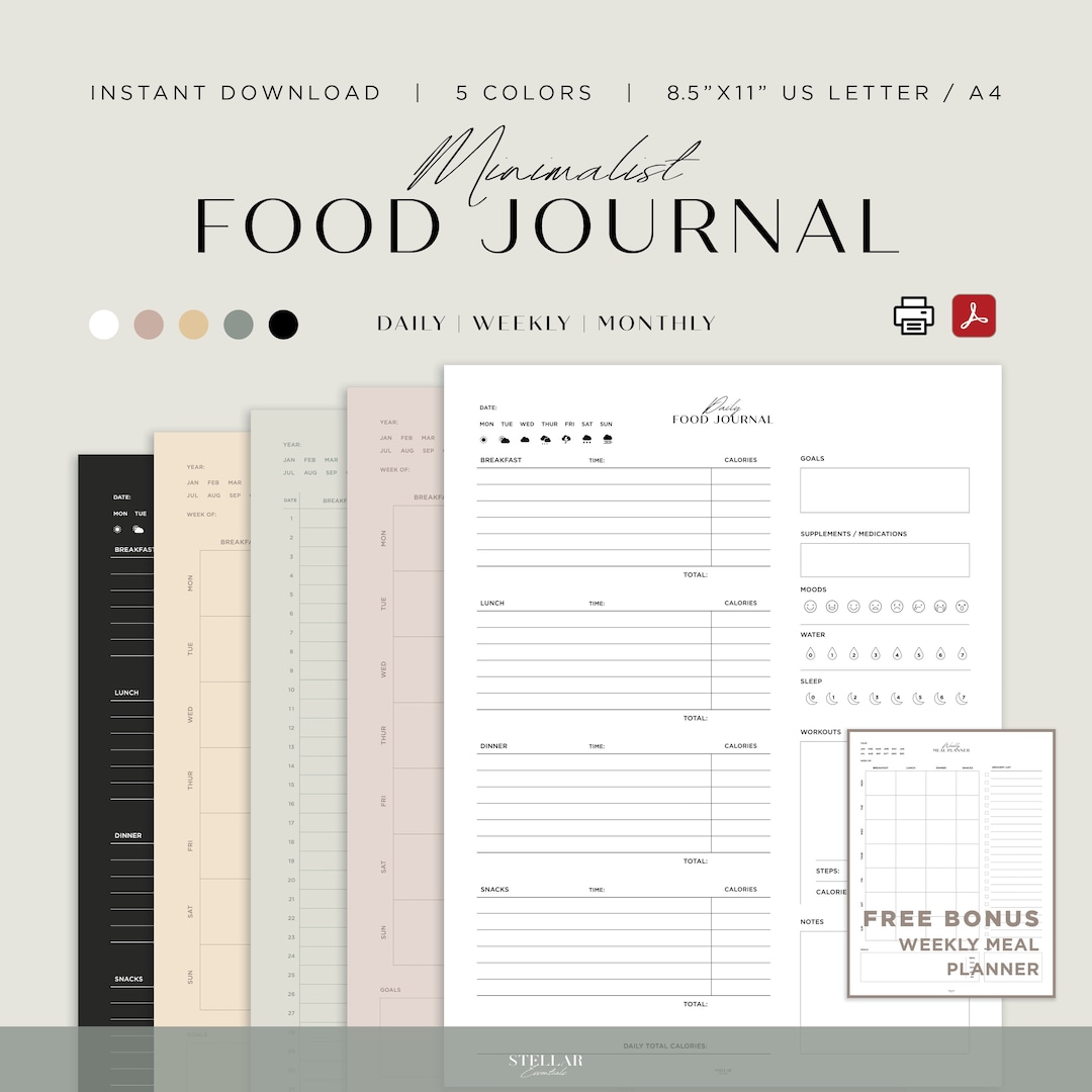 Digital Printable Food Journal, Weekly Food Journal, Monthly Food Log ...