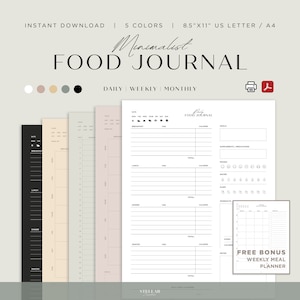 Könnte beinhalten: Ein druckbares Ernährungstagebuch im minimalistischen Design. Das Tagebuch enthält Abschnitte für tägliche Mahlzeiten, Kalorien, Ziele, Nahrungsergänzungsmittel, Stimmung, Wasser, Schlaf, Workouts, Schritte und Notizen. Es enthält auch einen kostenlosen Bonus-Wochenplaner für Mahlzeiten.