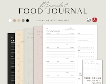 Digital Printable Food Journal, Weekly Food Journal, Monthly Food Log, Wellness Journal,  Printable Food Diary, Weight Loss Meal Planner
