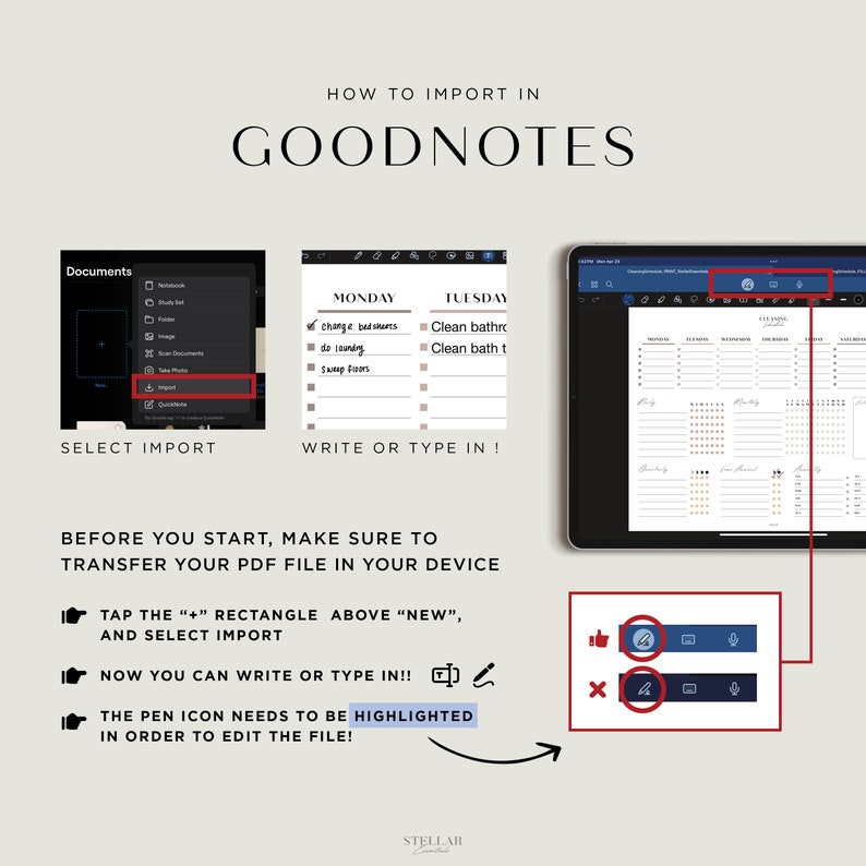 How to Import in Goodnotes:
1) Tap the [+] rectangle box and select [Import].
2) Now you can write or type in.
3) The pen icon needs to be highlighted in order to edit the file.