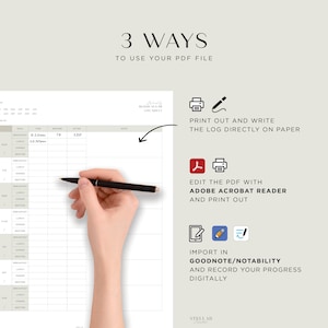 3 Ways to use your PDF File.
1) Print out the blank page and write down directly.
2) Edit PDF with Adobe Acrobat Reader and then Print out.
3) Import in Goodnote/Notability and record your progress Digitally