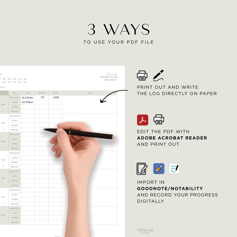 3 Ways to use your PDF File.
1) Print out the blank page and write down directly.
2) Edit PDF with Adobe Acrobat Reader and then Print out.
3) Import in Goodnote/Notability and record your progress Digitally
